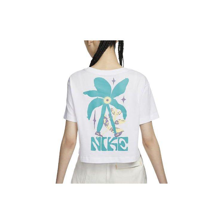 Nike Embroidered Letter Floral Comfortable Crew Neck Sport T-Shirt Women Tops White FV4231-100