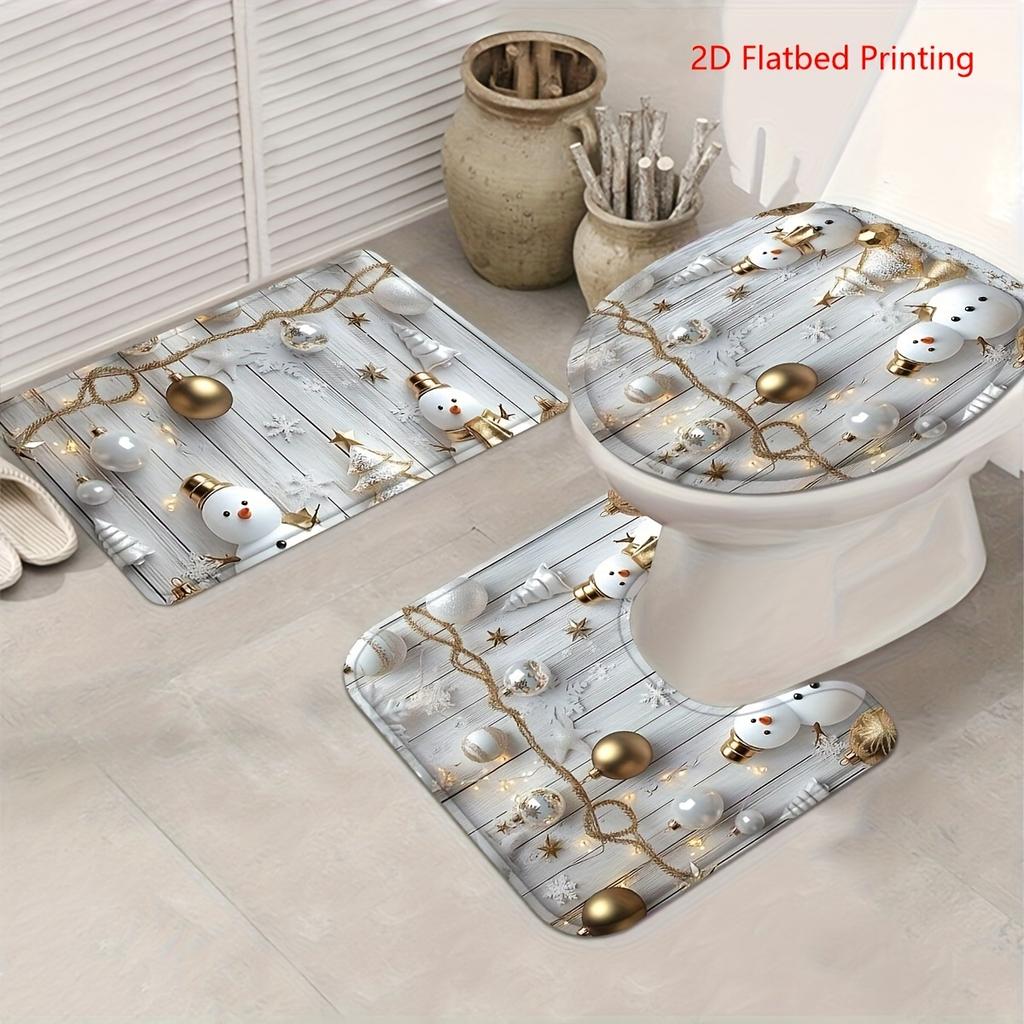 4Pcs 2D Christmas Snowman Shower Curtain Set with Non-Slip Bath Mat, Toilet Lid Cover, Contour Rug & 12 Hooks, Bathroom Decor