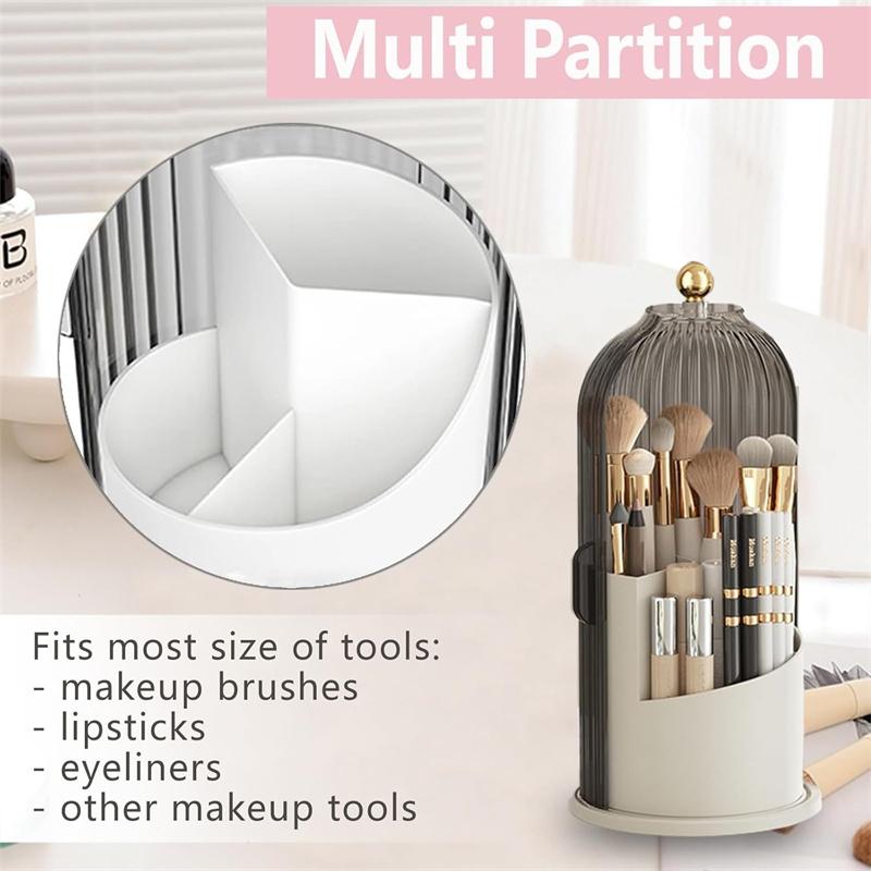 360° Rotating Makeup Brushes Holder with Lid Dustproof 3 Compartment Design Makeup Brushes Organizer Box for Vanity Countertop