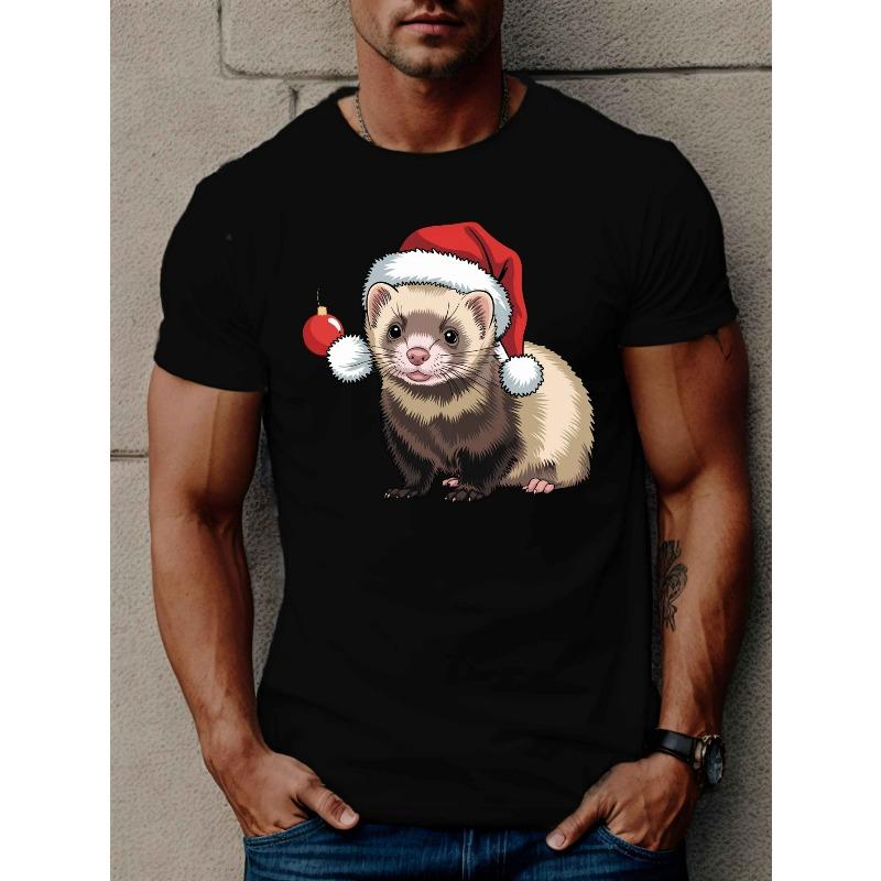 

European sizes Men s Funny Ferret Christmas T-Shirt - Casual Short Sleeve, Breathable Polyester, Machine Washable - Perfect for Summer 4XL чорний