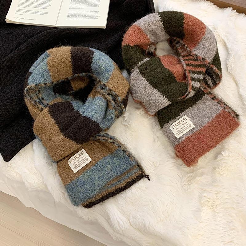 Scarf autumn and winter new college style contrasting color striped wool knitted scarf warm scarf versatile shawl