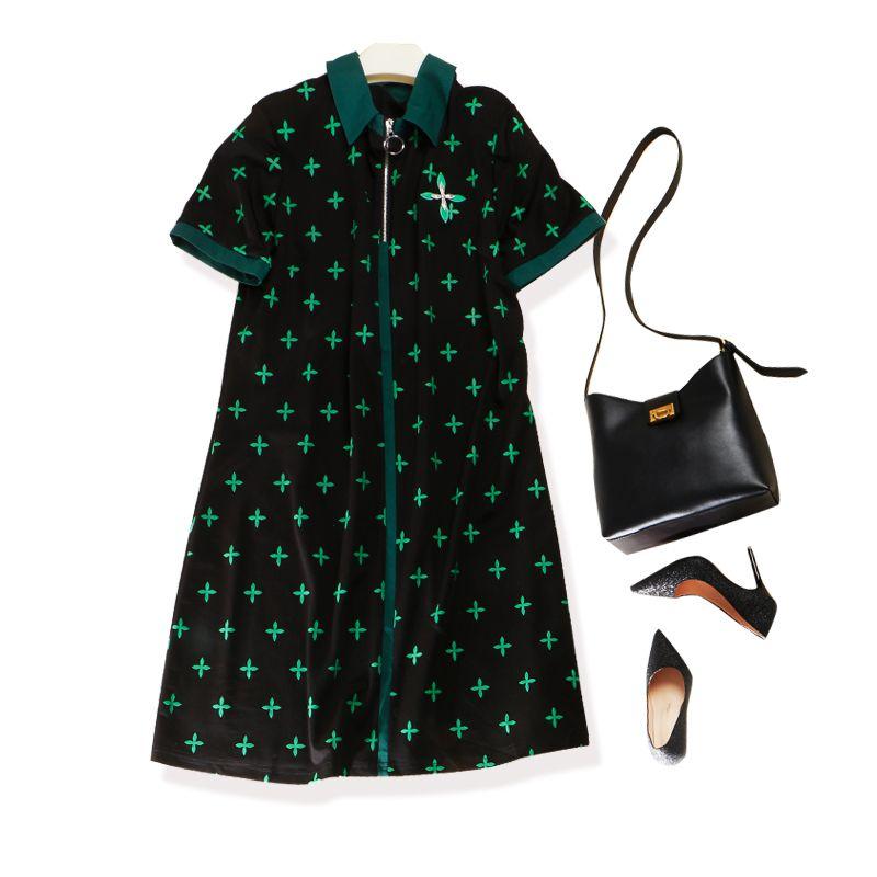 

Women s Summer Lapel Front Placket Cotton Dress Black 2XL