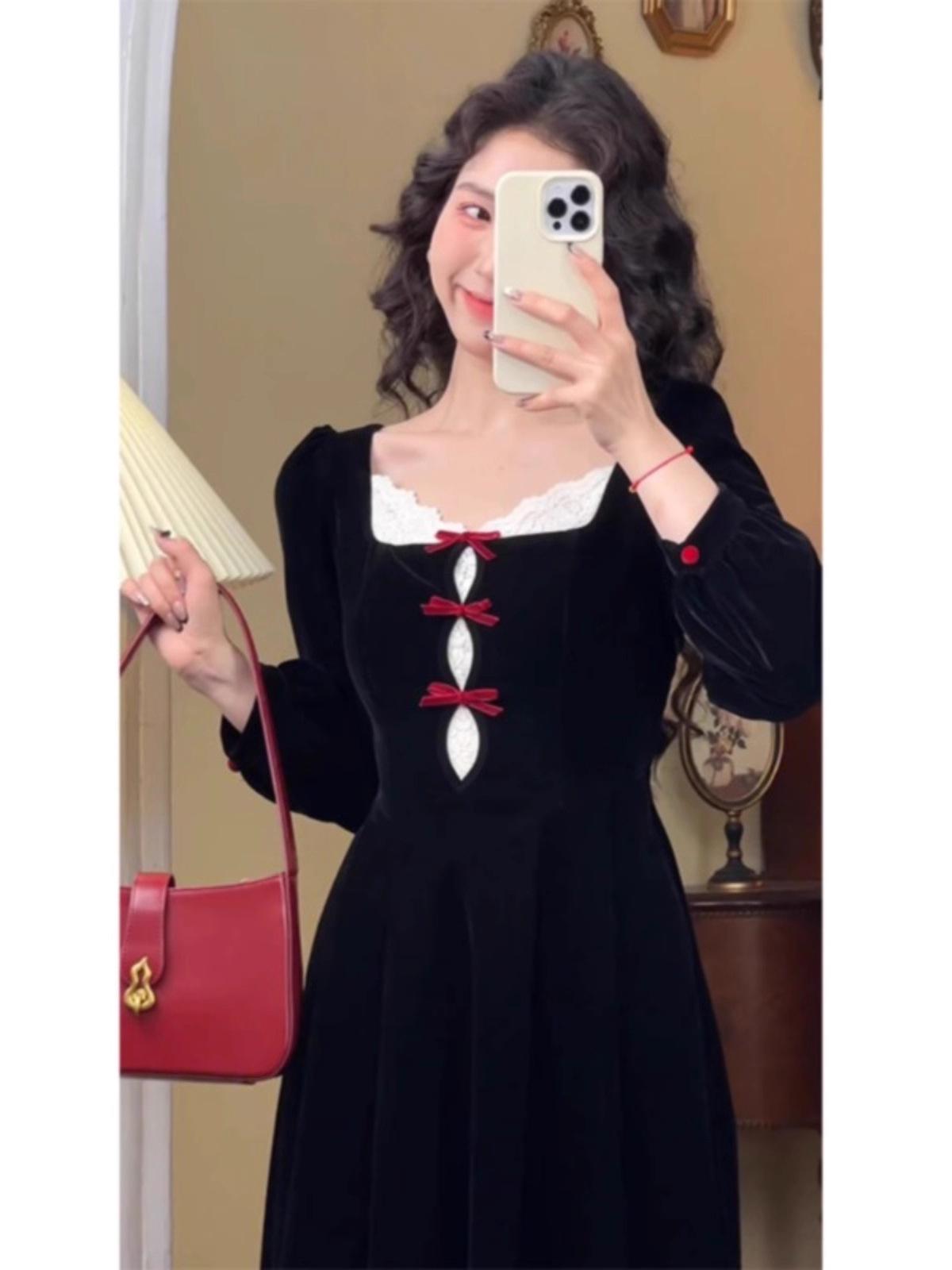 

Plus Size French Hepburn Lace Velvet A-Line Dress 3XL чорний