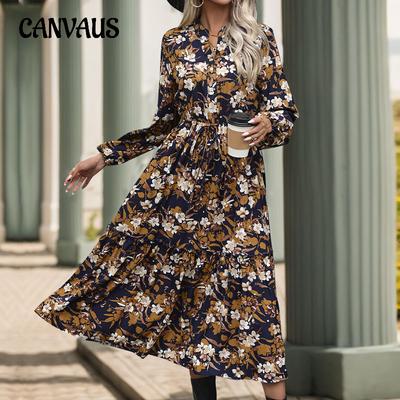 Autumn Women's Retro Printed Dress Temperament Elegant V-Neck Dress