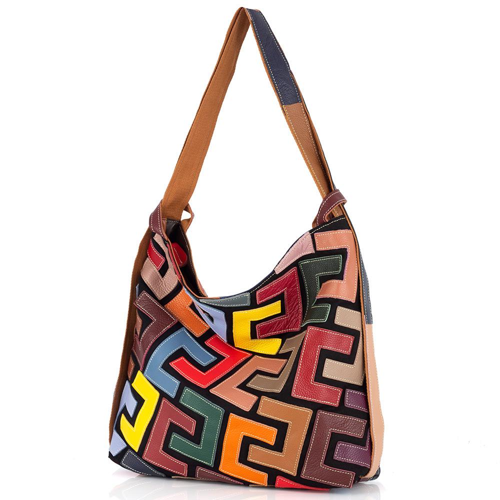 Leather Women'S Bags Trendy Geometric Patterns Contrasting Colors Long Tote Bags Shoulder Bags