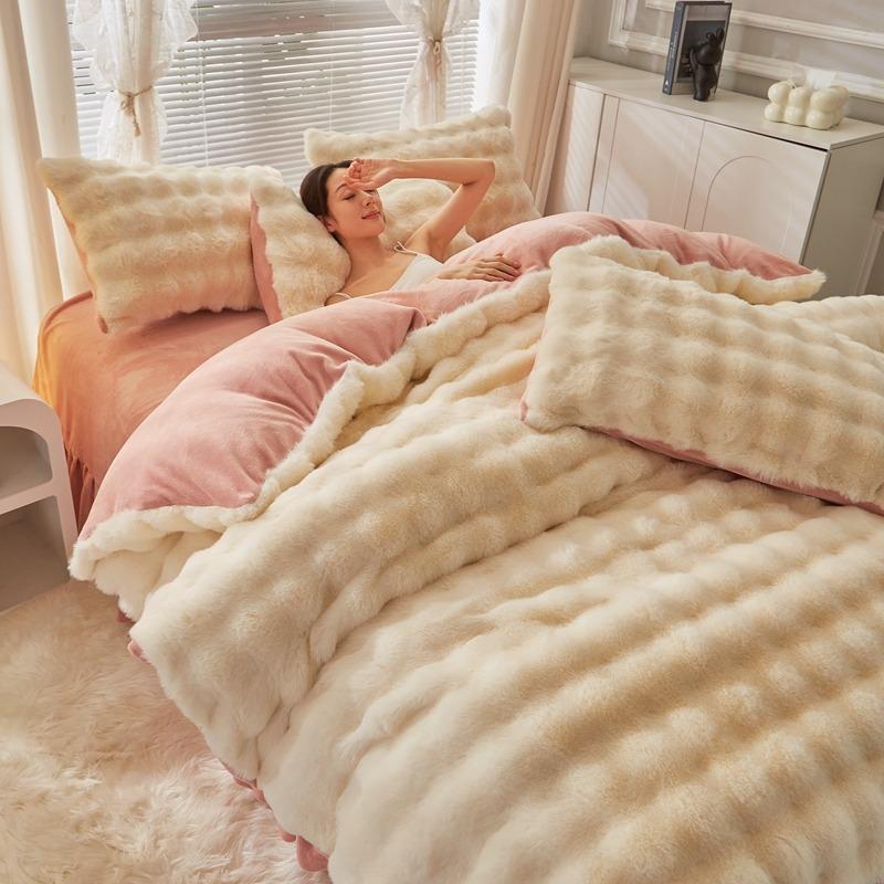 Light Luxury Rabbit Fleece Thickened Milk Fleece Four-Piece Set, Bed Sheet Quilt Cover Three-Piece Set, Bedding, Bed Hat Model