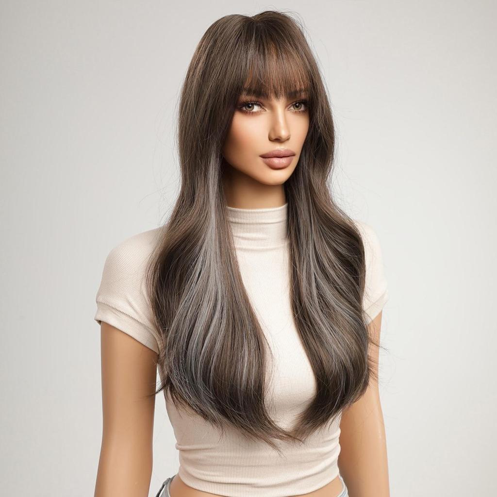HAIRCUBE Long Brown Blue Highlight Wavy Synthetic Wig Natural Hair Wig for Women Daily Heat Resistant Fake Hair With Bangs