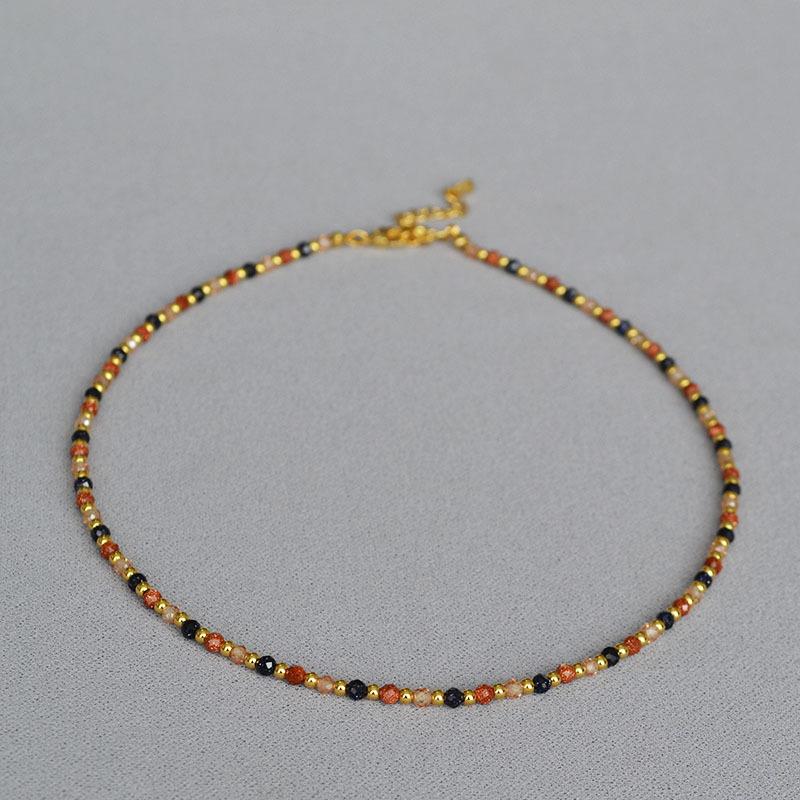 French Niche Retro Literature And Art Simple And Elegant Color Matching Gold Sand Blue Sandstone Beaded Simple Temperament Light Luxury Necklace