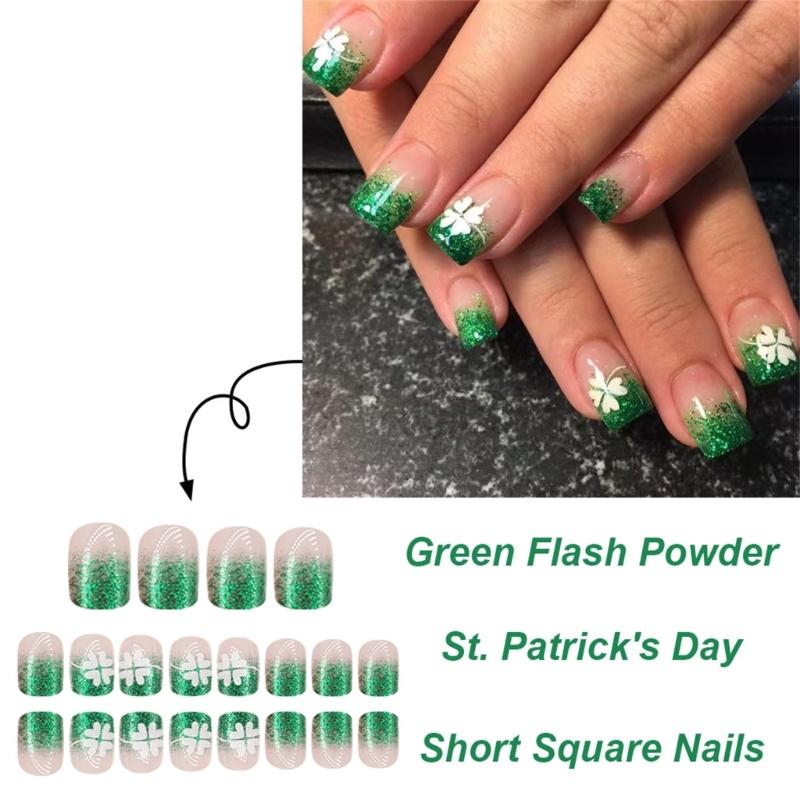 Patrick's Day Press on Nail Short Square False Nail Glossy Stick on Nail Green French Tips Manicure Nail Decors