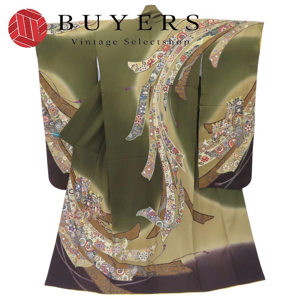 

[Used] Long-sleeved kimono, pure silk, khaki, beige, purple, multi-color, coming-of-age ceremony, classic pattern, Japanese clothing, kimono, kimono,