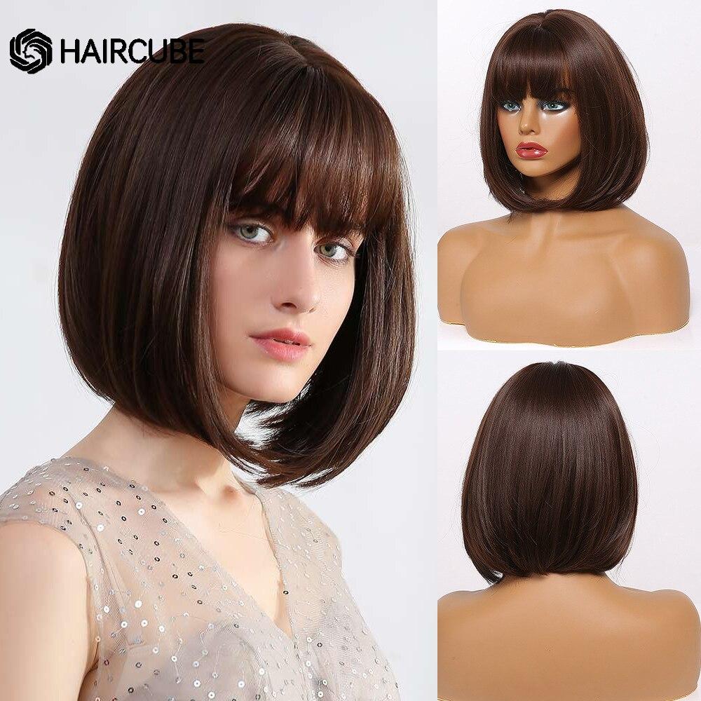Wigs Straight Haircube Short Synthetic White Platinum Fiber Wig With Bangs For Women Daily Cosplay Heat Resistant Wigs