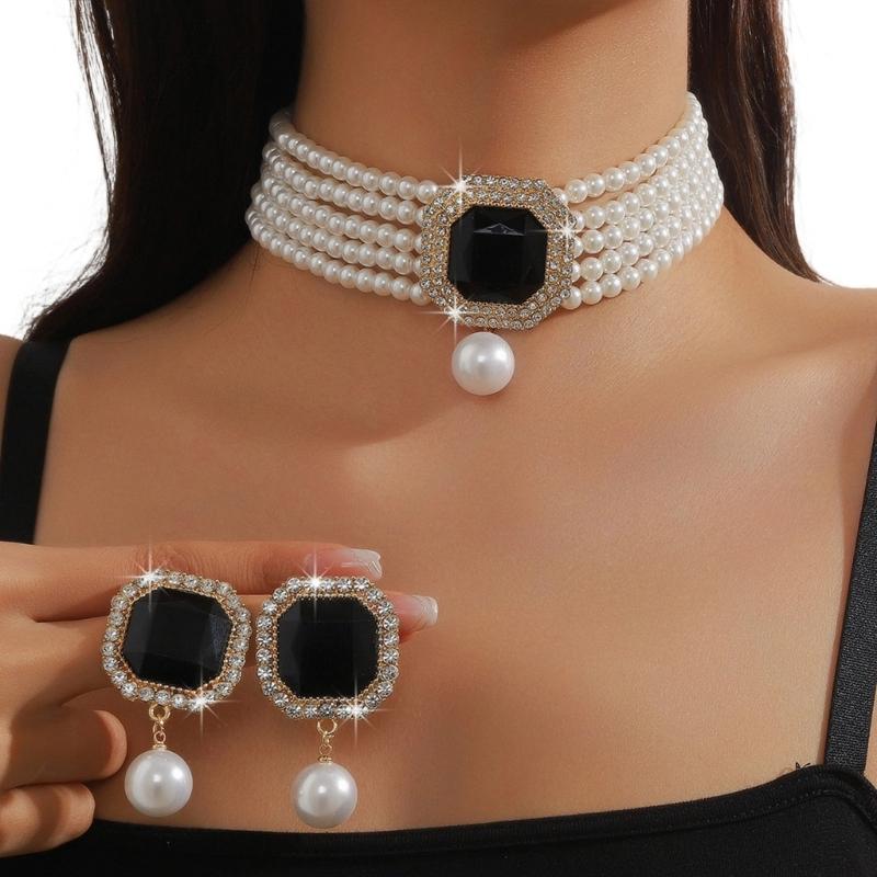Pack Of 1 Set Elegant Multilayer Faux Pearls And Geometric Crystal Necklace and Earrings Set For Women Lady