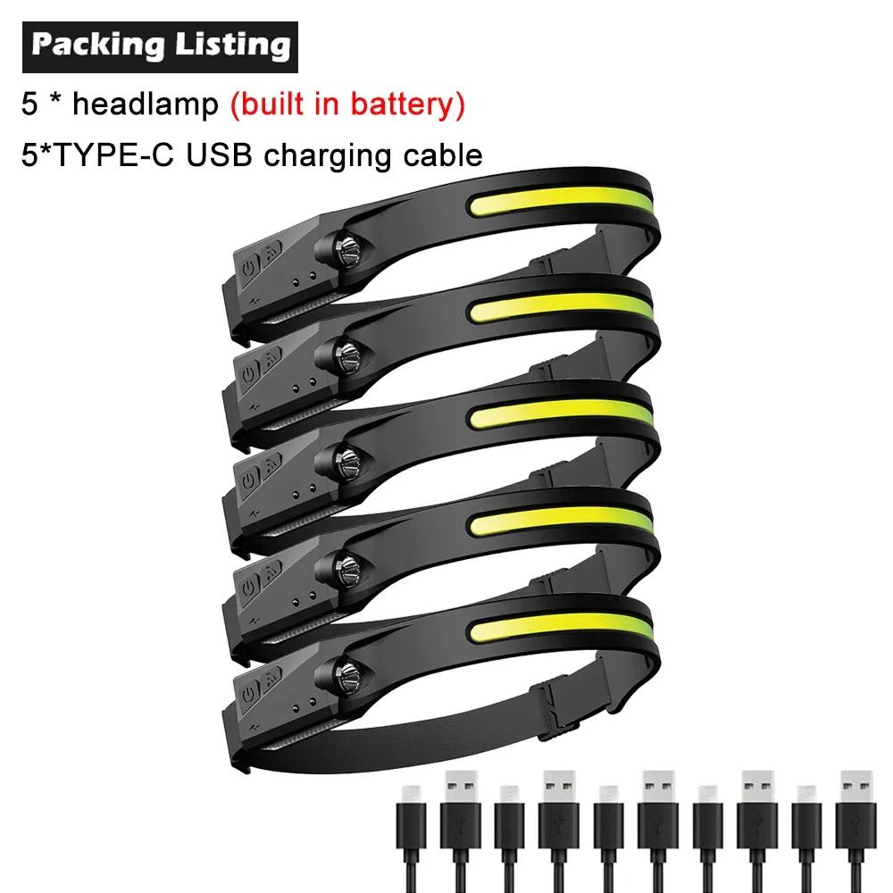 Induction Headlamps COB LED Sensor Head Lamp Built-in Battery Flashlight USB Rechargeable Head Torch 5 Lighting Modes Headlight