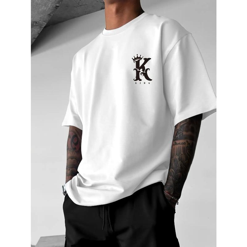 European Size Men's Loose Fit White KING Letter Print T-Shirt , Breathable Casual Sport Crew Neck Short Sleeve, Striking Black and White KING Graphic