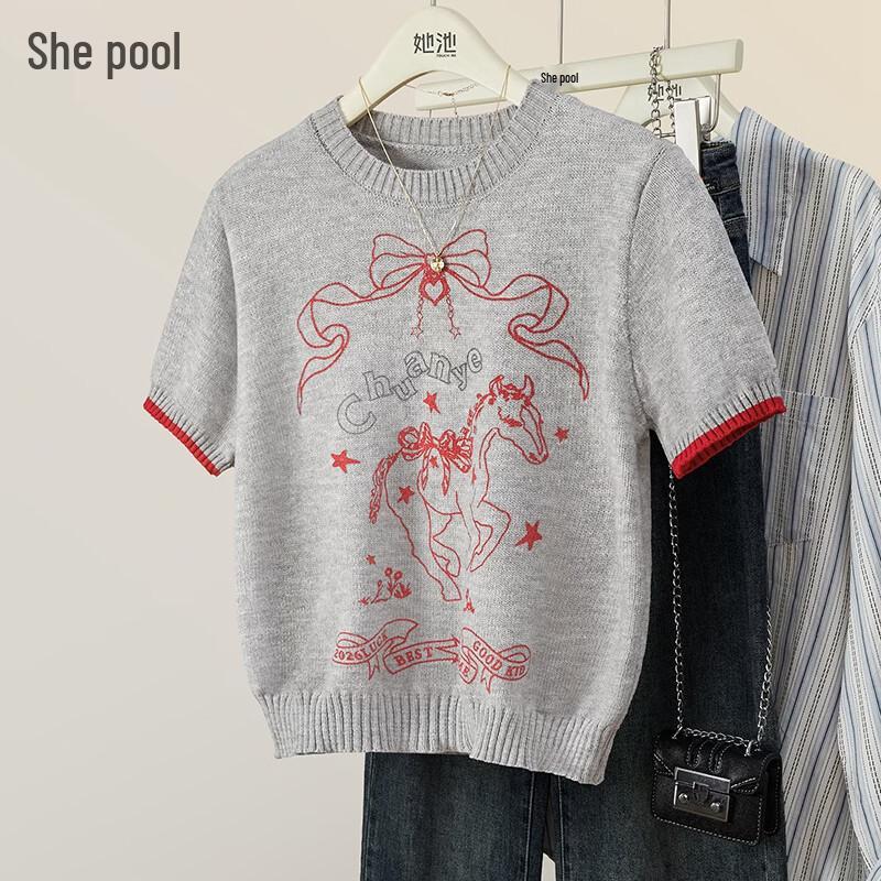 

Women s Cartoon Graffiti Color-block Short Sleeve Knit T-shirt One Size