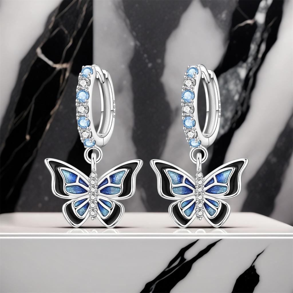 S925 Silver Blue And Black Butterfly Drop Earrings Women Earrings Charm Fashion Versatile Party Jewelry Gifts