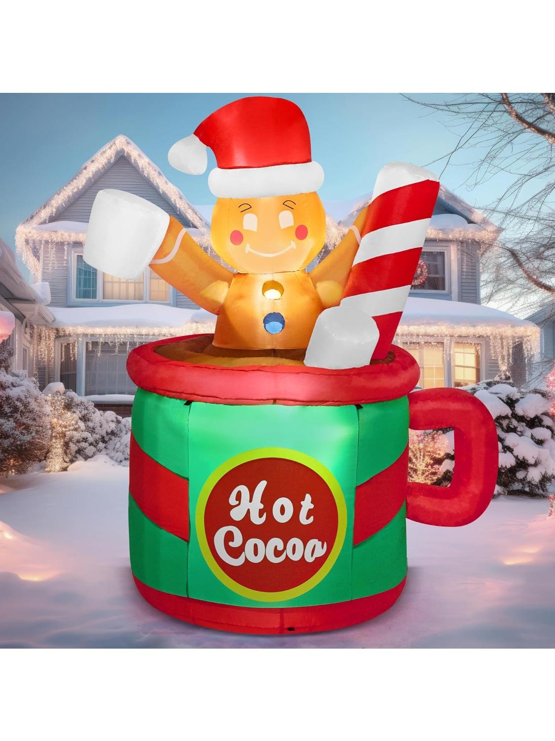 

JOYFY 6 FT Christmas Gingerbread Man Inflatables Decorations Hot Cocoa Mug with Build-in LEDs Blow Up for Xms Party Winter Decor