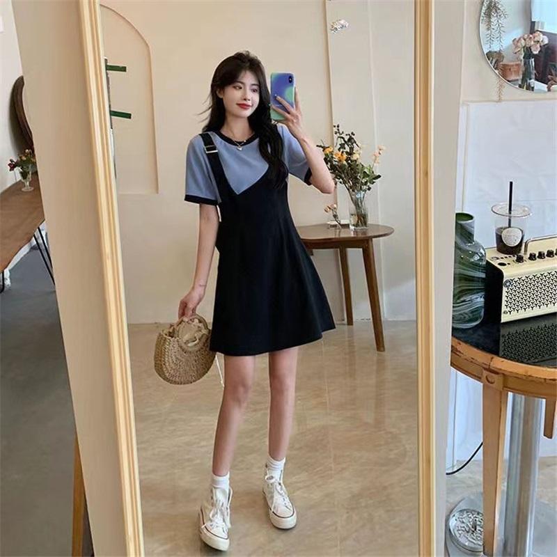 Women's Plus Size Fake Two-Piece Dress Black White Colorblock Casual Summer Short Sleeve A-Line Sundress