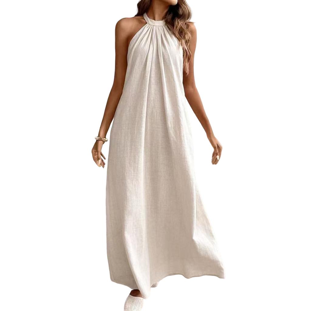 Womens Neck Maxi Dress Loose Fit Sleeveless Long Dress Solid Pattern Casual Vacation Sundress Flowy Design Lightweight Fabric