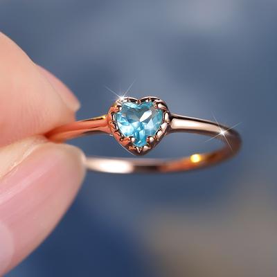Kleine aquablaue Zirkonia-Herzringe für Damen, minimalistischer Herzring, zarter Fingerring in Roségold