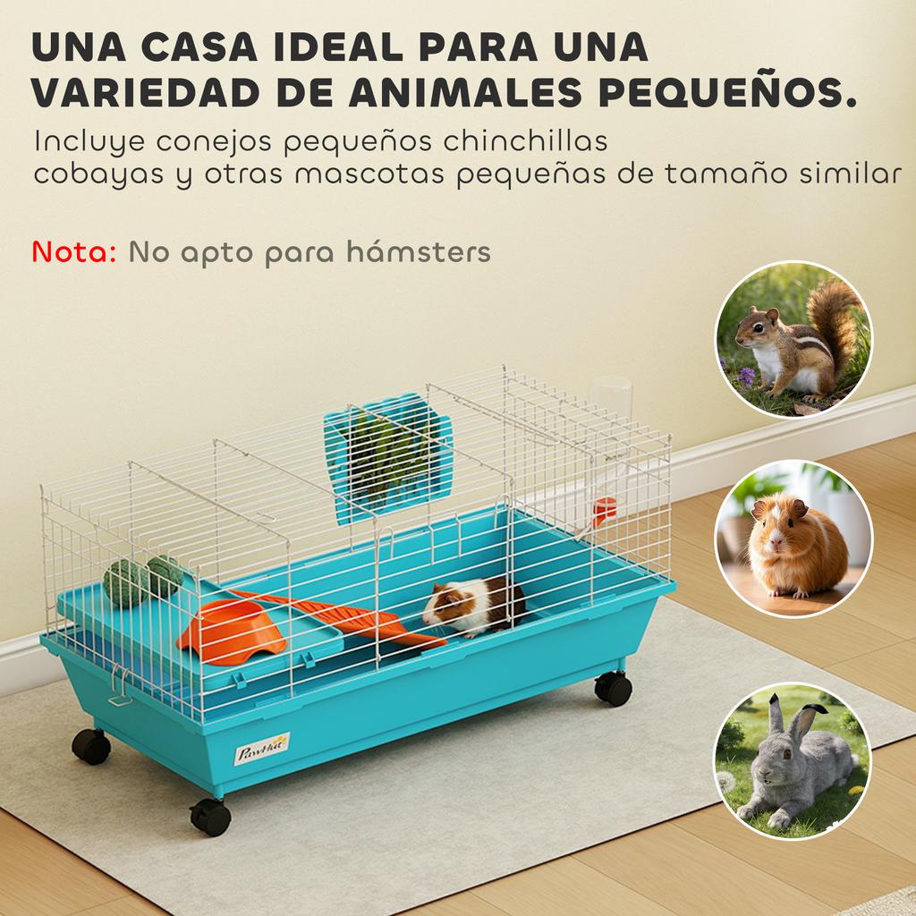 Small Animal Cage with Wheels, Bottle Feeder, Hay Dispenser for Rabbits and Guinea Pigs, 89x44x43 Cm, Blue