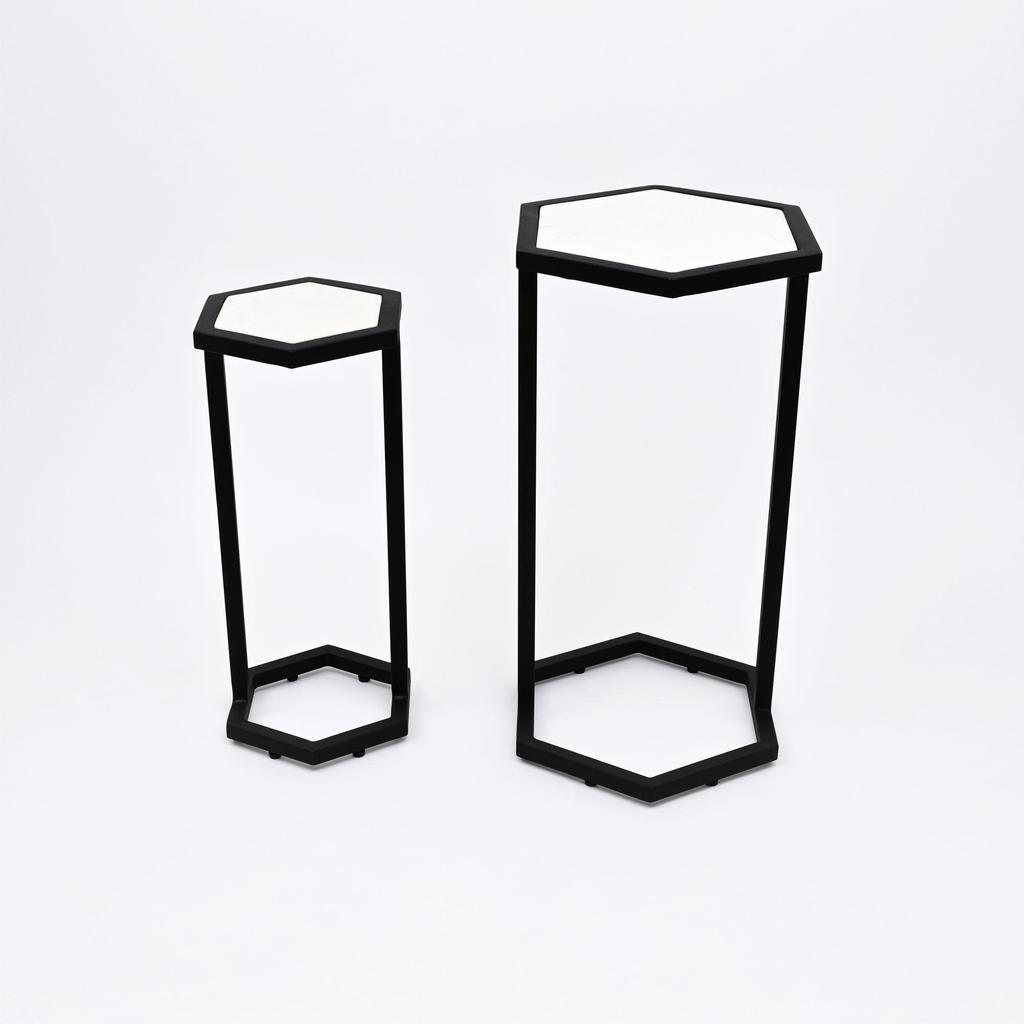 Hexagonal Marble Table Set of 2 – Modern Nesting Accent Tables with Black Metal Base