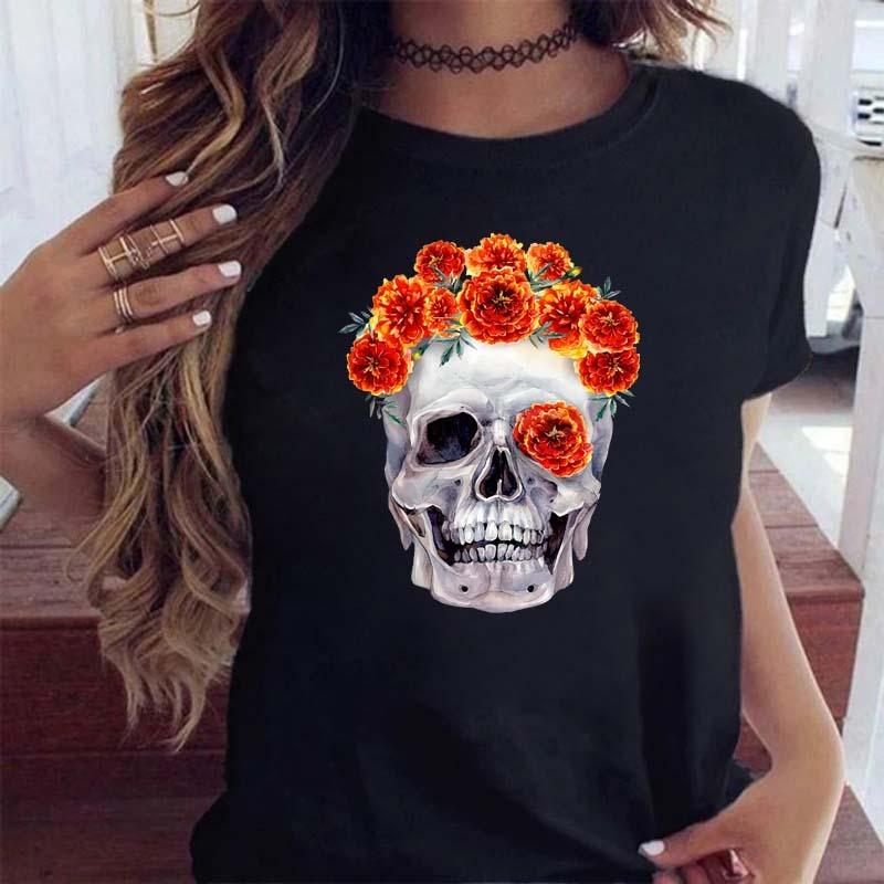 Fashion Skull Flower Print Women T Shirt Summer Casual Short Sleeve O Neck Women Tshirt