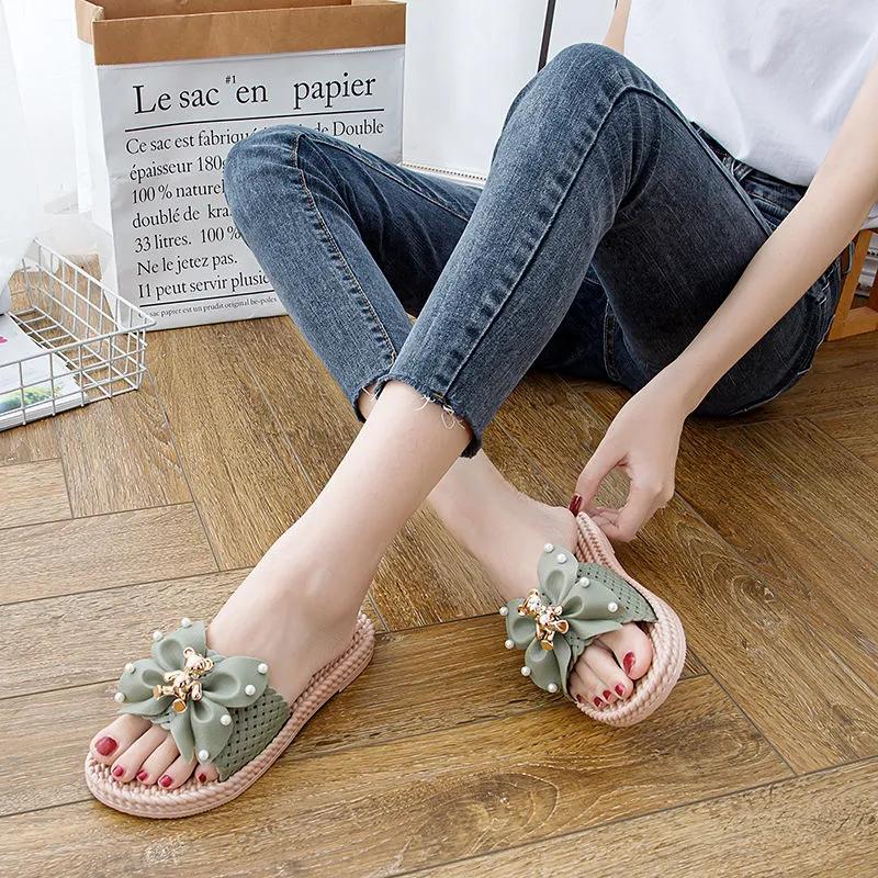  Women Fashion Sweet Light Weight Anti Skid Spring Peep Toe Pink Bow Tie Slippers Lady Classic Home Outside Slide Ab764