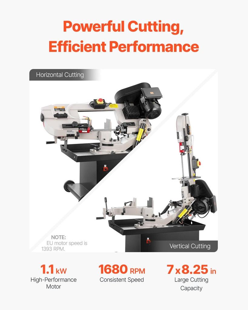 Metal Band Saw 1.1 KW 7 X 8.25 In Cutting Capacity Horizontal and Vertical Cutting 4 Speeds Variable Speed Bandsaw 220V 0° To 45° Rotatable Base for