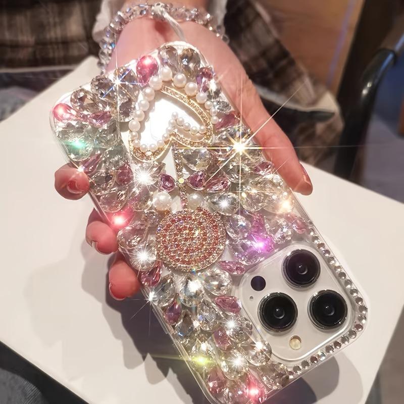 Luxury Fashion Crystal Pink Hardware Lollipop Pearl Heart Drop-Proof Phone Case with Crystal Lanyard, Suitable for iPhone 17 Pro Max / 16 Plus
