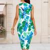 Women Plus Size Round Neck Sleeveless Tropical Leaf Printed Bodycon Midi Dress