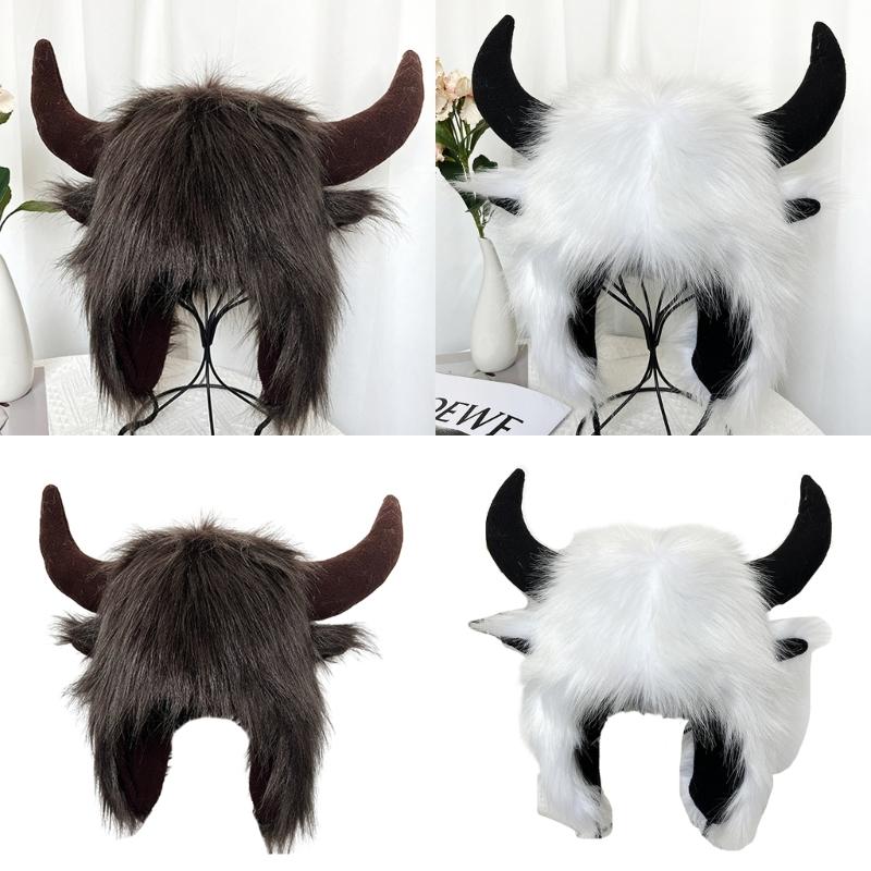 Furry Bull Hat Headwear with Cartoon Horns Halloween Gift Warm Soft Hat