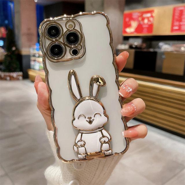 3d Cute Rabbit Stand Holder Phone Case For Iphone 14pro 13 12 11 14 Pro Max 14 Plus 14 Clear Shockproof Curly Wave Plating Cover