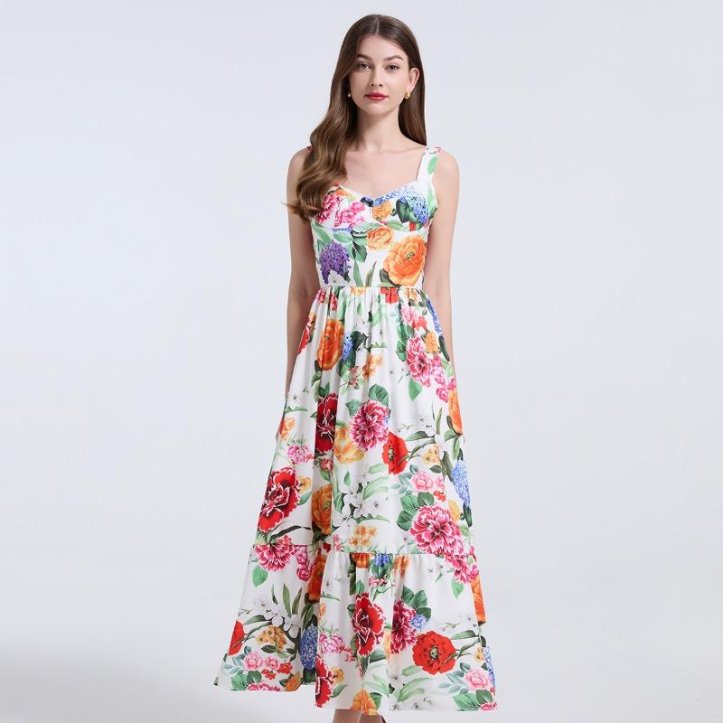 Summer Women Elegant Spaghetti Strap Print Flower Long Maxi Ankle Length Party Dresses