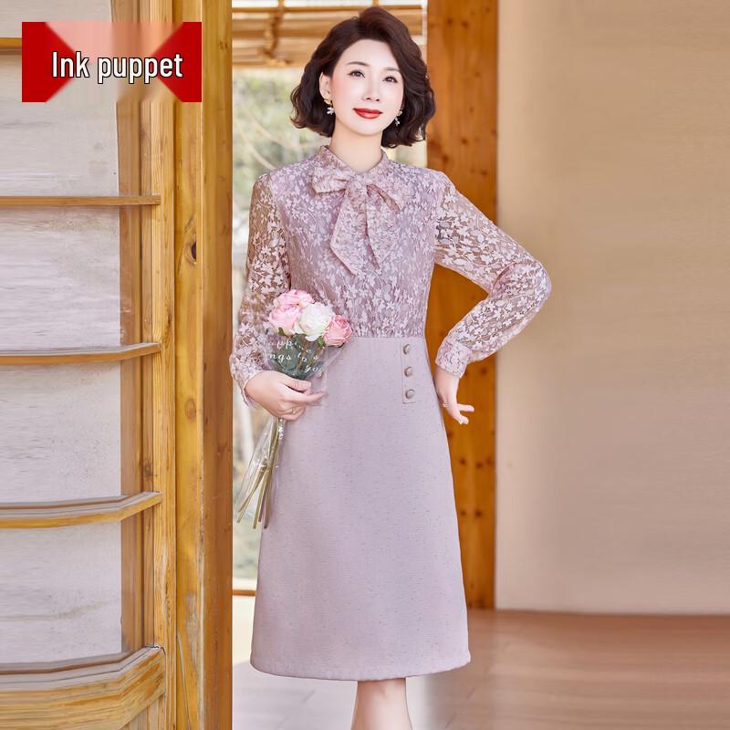 

Elegant Patchwork Bow-Collar Long Sleeve Dress L