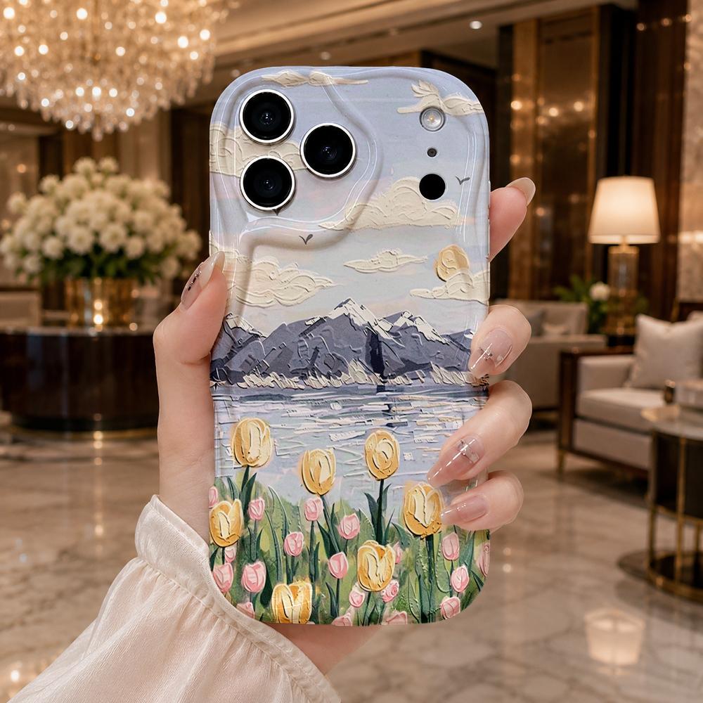 Oil Painting Mountain Tulip Lake Scenery Wavy Edge Phone Case For iPhone 17 16 15 14 13 12 11 8 7 Plus Pro Max Soft Cover