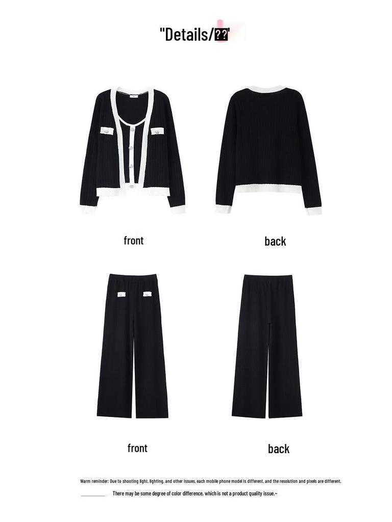 Spring Knit Korean Casual Patchwork Outerwear Camisole & Long Pants 3-Piece Plus Size Women's Set