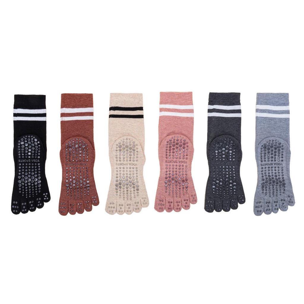 Women's Non-Slip Five-Finger Yoga Socks - Thick, Medium-Long Tube, Trendy Stripes, Sweat-Absorbent for Autumn & Winter.