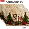 4/6pcs Christmas Themed Linen Placemats with Wood Grain Background Featuring Christmas Tree, Wreath, Nutcracker, Red Star, Candy Cane, Horse Doll, Poi