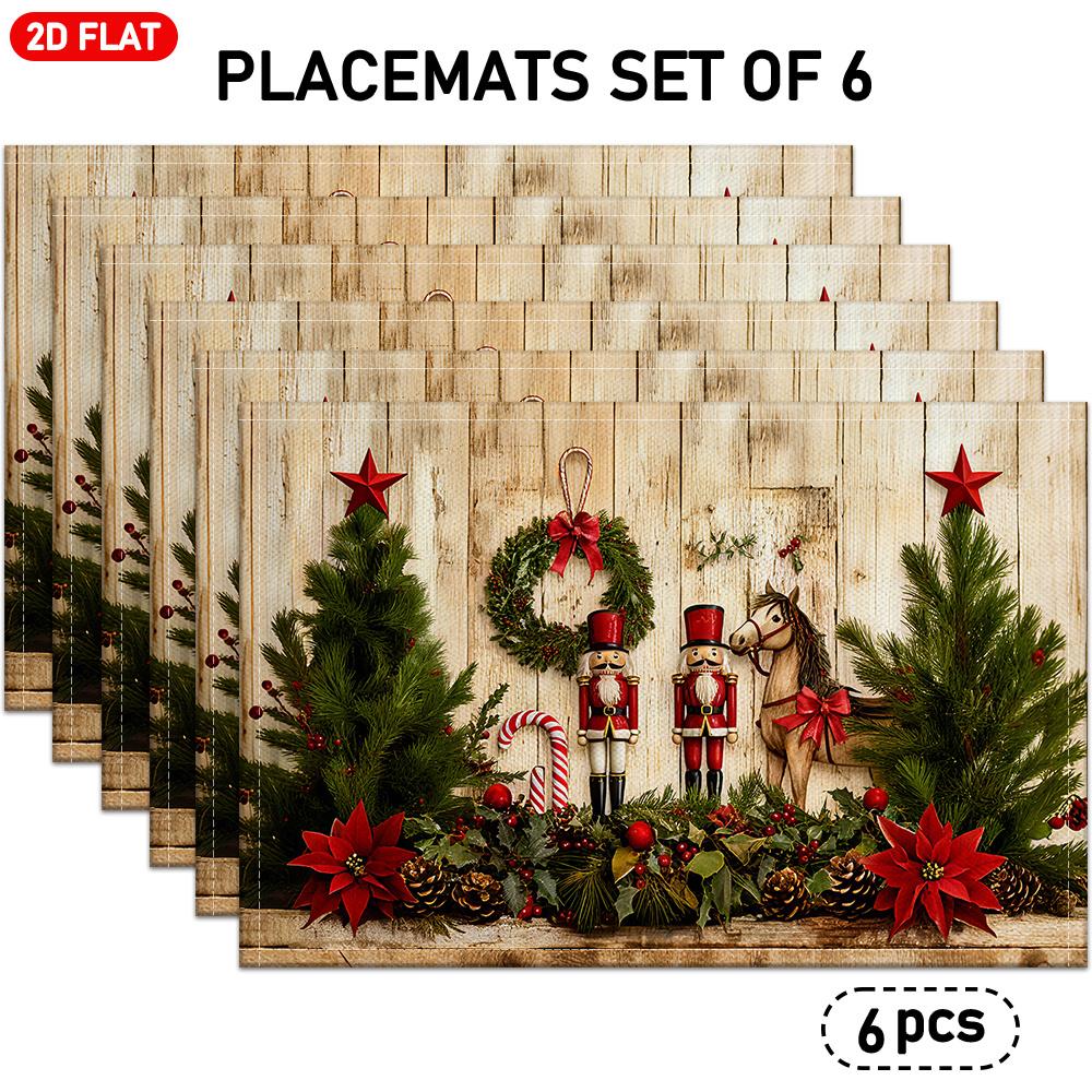 4/6pcs Christmas Themed Linen Placemats with Wood Grain Background Featuring Christmas Tree, Wreath, Nutcracker, Red Star, Candy Cane, Horse Doll, Poi