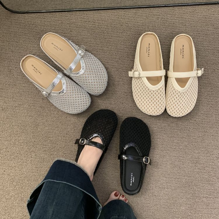 Cool summer niche woven mesh breathable flat bottom bag head half support shoes women's 2025 new one-pedal sandals