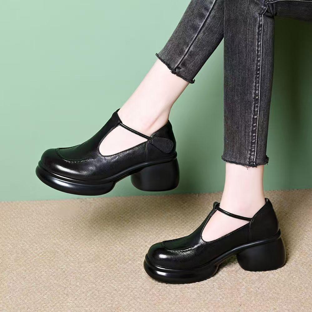 Korean Version of Bag Head Sandals Women's 2025 Spring and Autumn New Mother Shoes Round Head Comfortable Single Shoes Work Shoes Black Leather Shoes