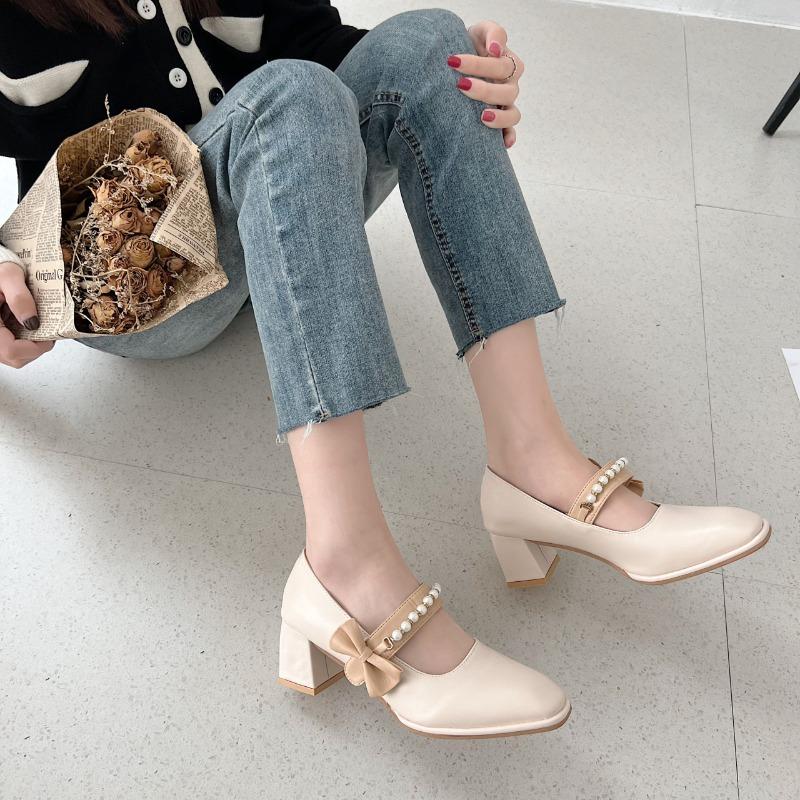 Fashion Ladies Summer Footwear on Heeled Pumps Shoes for Women 2025 with Straps Cute Square Heels Bow High Mary Jane Offer
