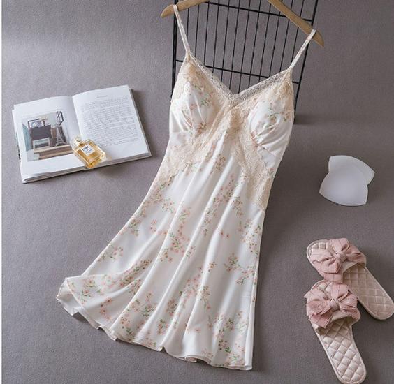 Summer Lace Camisole Nightgown with Removable Pads - Women's Sexy Ice Silk Pajamas