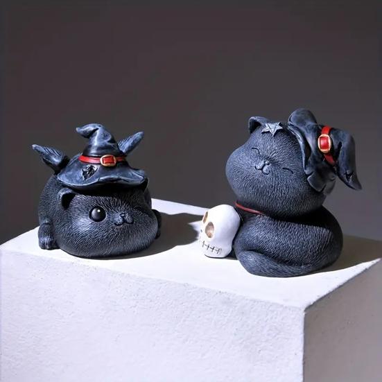 Magician Cat Statue Hand-painted Cat Figurine Collectible Halloween Decoration Desktop Cat Sculpture for Home Table Shelf Decor