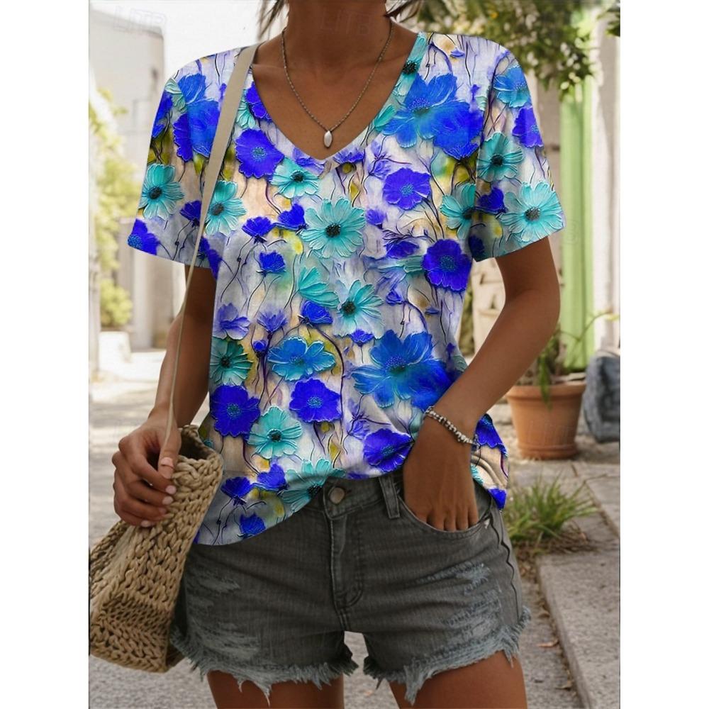 Women's Trendy T-Shirt Flower Graphics Fashion Short Sleeved V-Neck Regular Tops Daily Prints Tee 2025 Summer Y2K Casual Tops