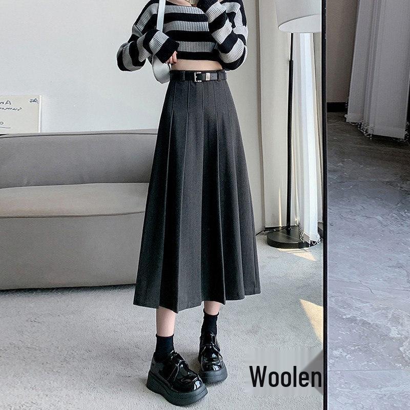 Plus Size High-Waisted Black A-Line Pleated Skirt for Pear-Shaped Petite Women - Mid-Length, Autumn Style