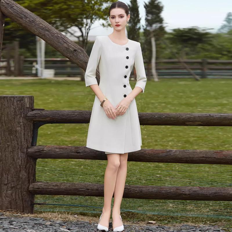 Stylish Beige A-Line Mid-Length Dress with Three-Quarter Sleeves and Round Neck for Spring/Summer
