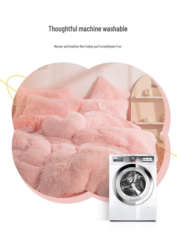 Set Plapumă Pluș Stil Prințesă Catifea Nurcă: Lenjerie de pat caldă, îngroșată, de culoare solidă