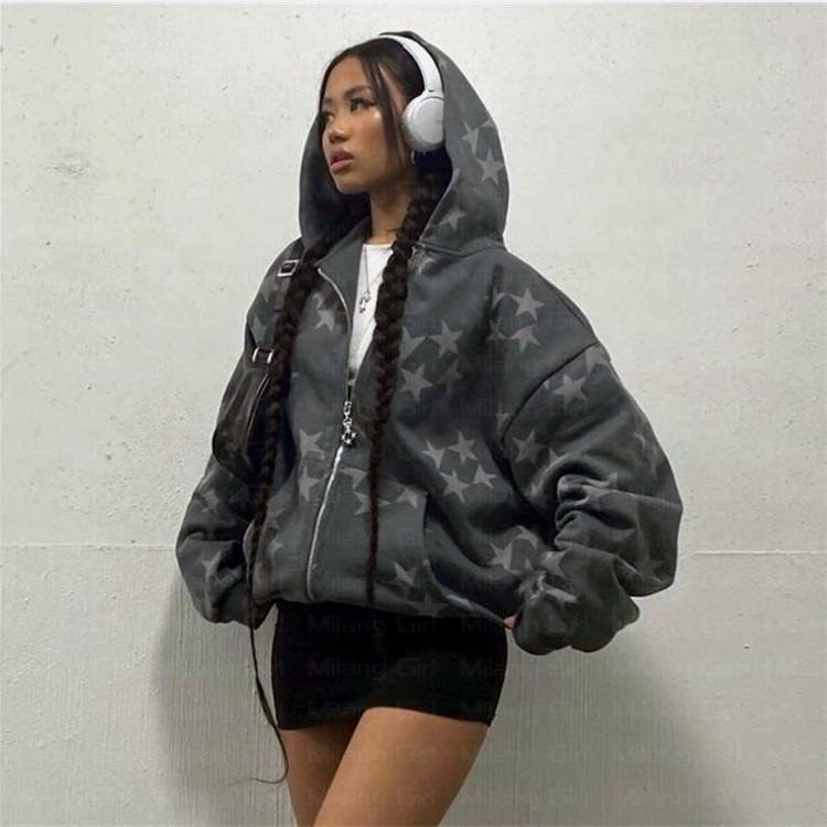 S-6XL Plus Size Autumn and Winter Men's and Women's Same Star Printed Casual Fashion Cardigan Hooded Couple Sweater